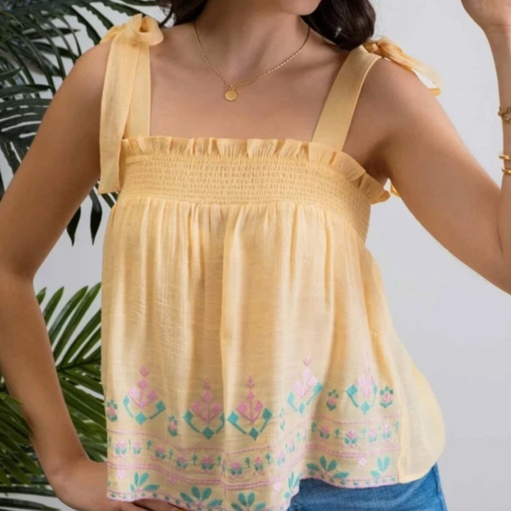 Perch by Blu Pepper Yellow Floral Smocked embroidered Top